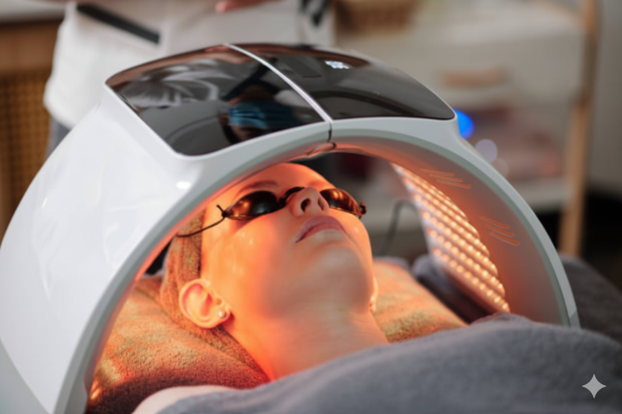 Woman receiving LED light therapy treatment while lying down, wearing protective goggles, in a specialized device.