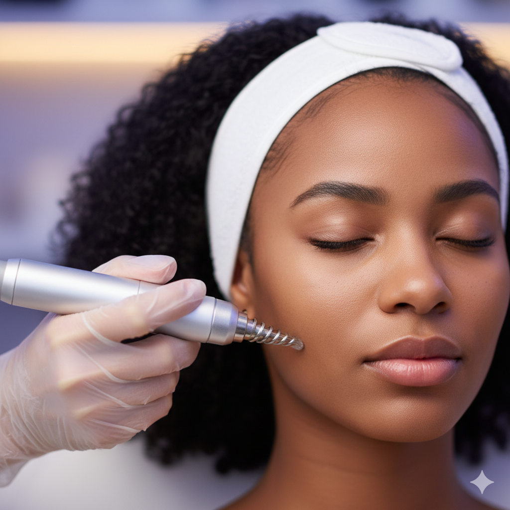 A woman with closed eyes receiving a skin treatment with a handheld device on her face, wearing a white headband.