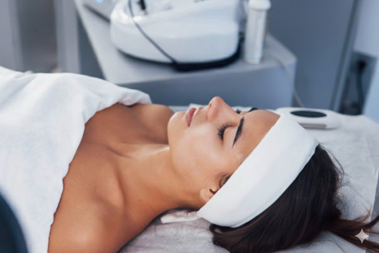 A woman receiving a facial treatment in a spa or clinic, lying down with her eyes closed and a headband, on a treatment bed.