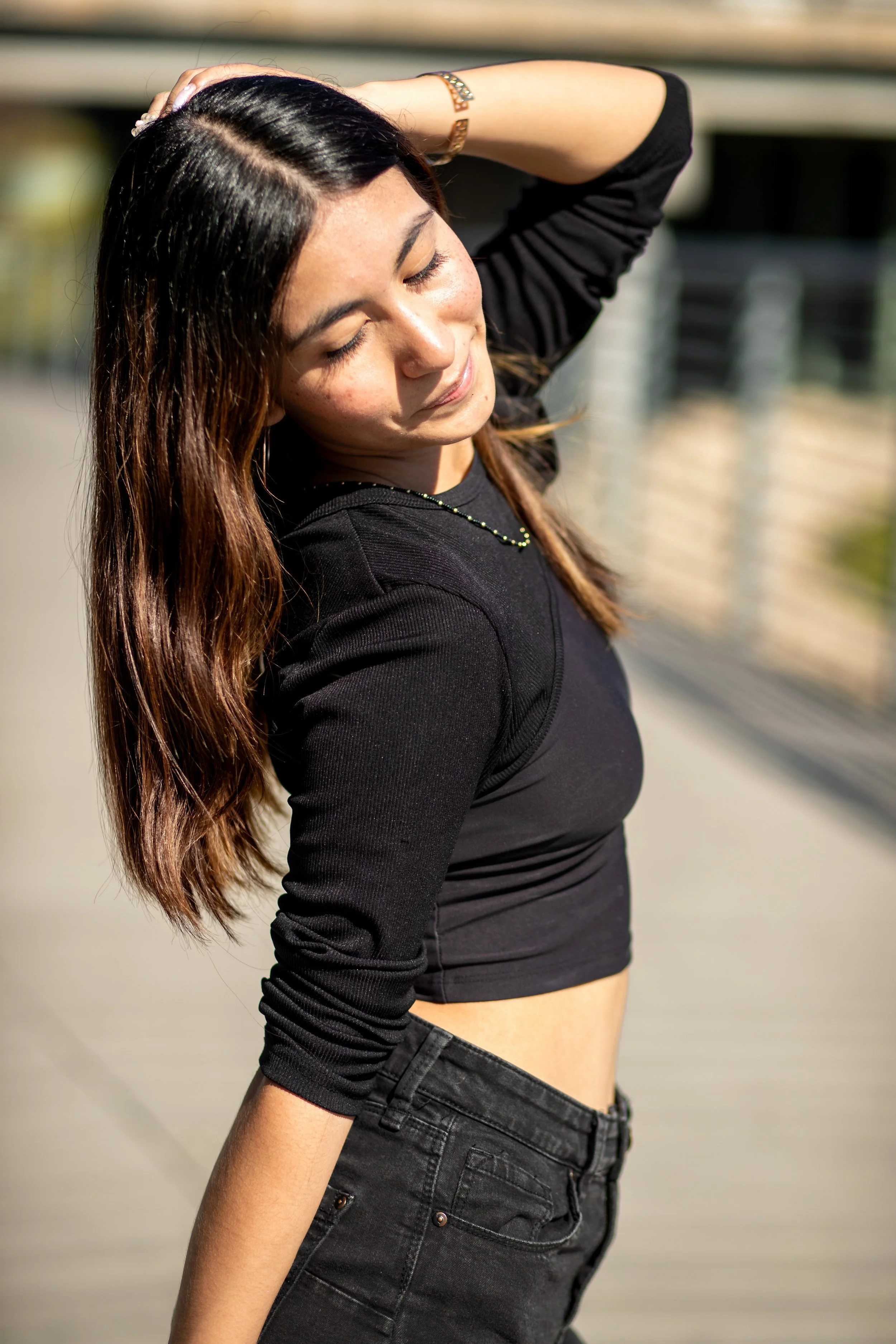 Houston High School Senior Outdoor shoot wearing black. Editorial. 