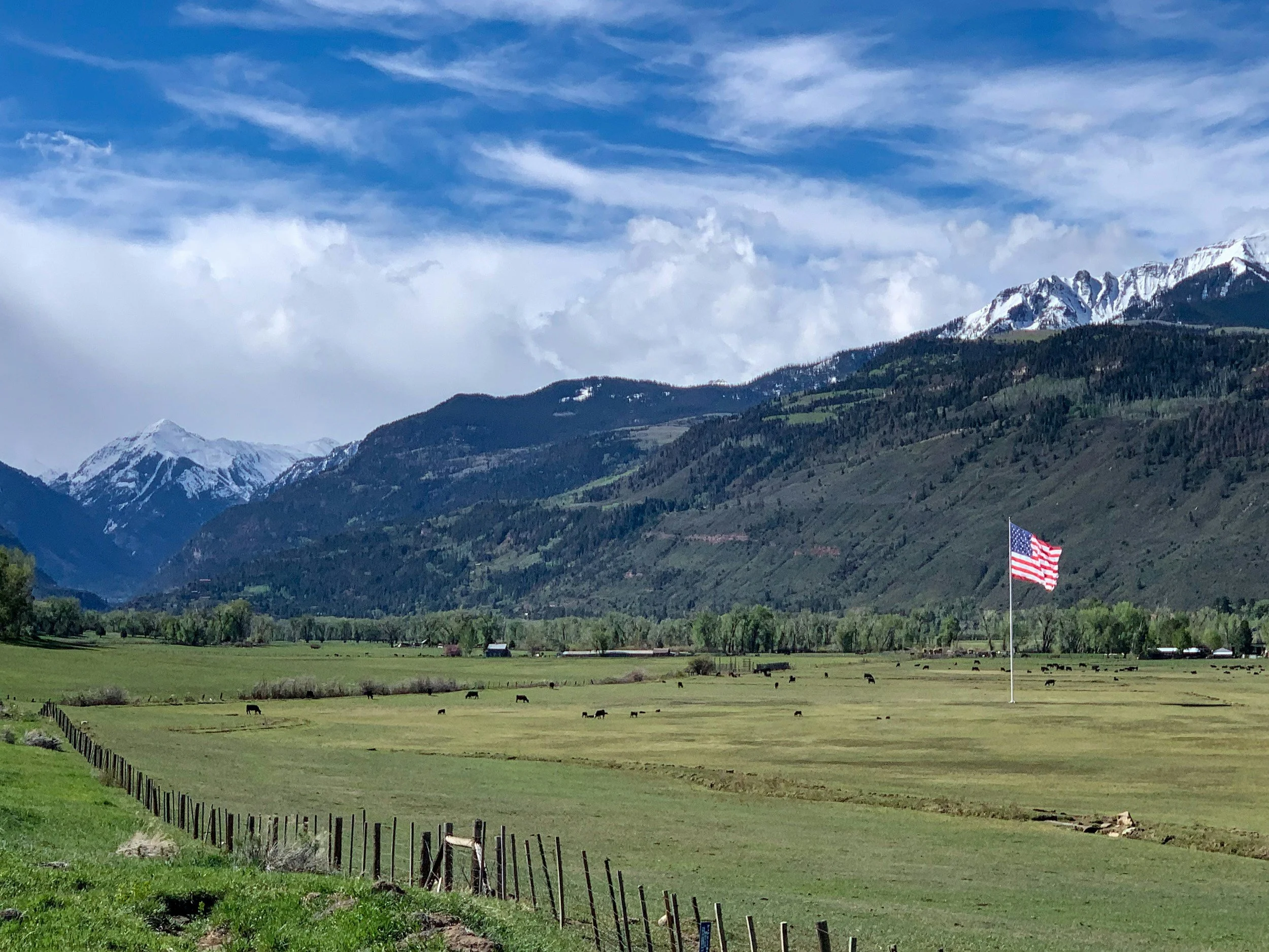 A wide landscape view of a green field with cows, a wooden fence, mountains with snow on the peaks, and a blue sky with clouds, featuring an American flag on a pole.