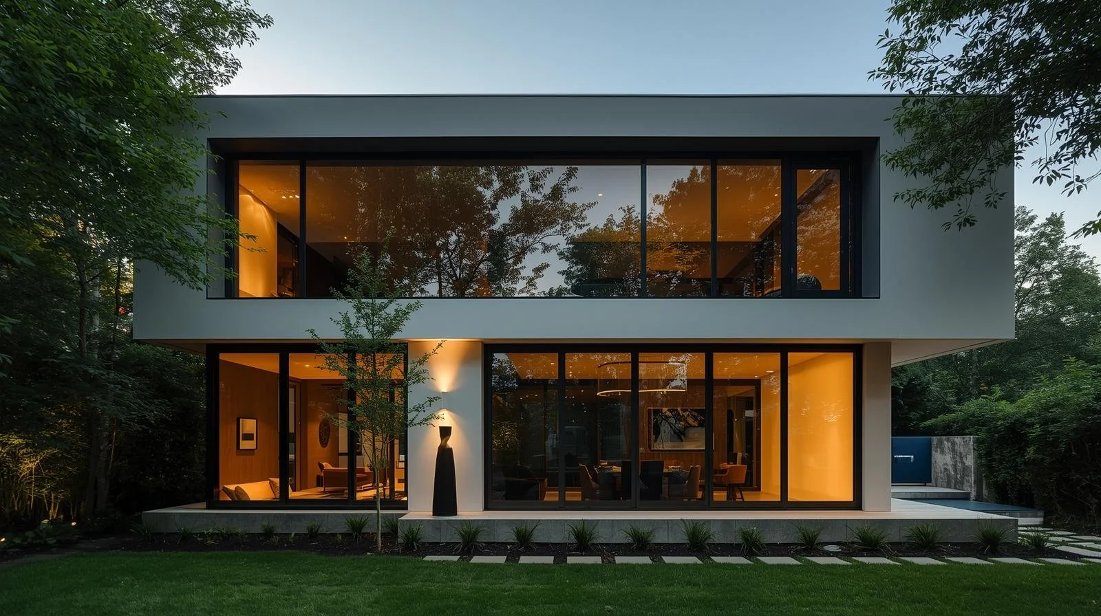 Modern two-story house with large glass windows