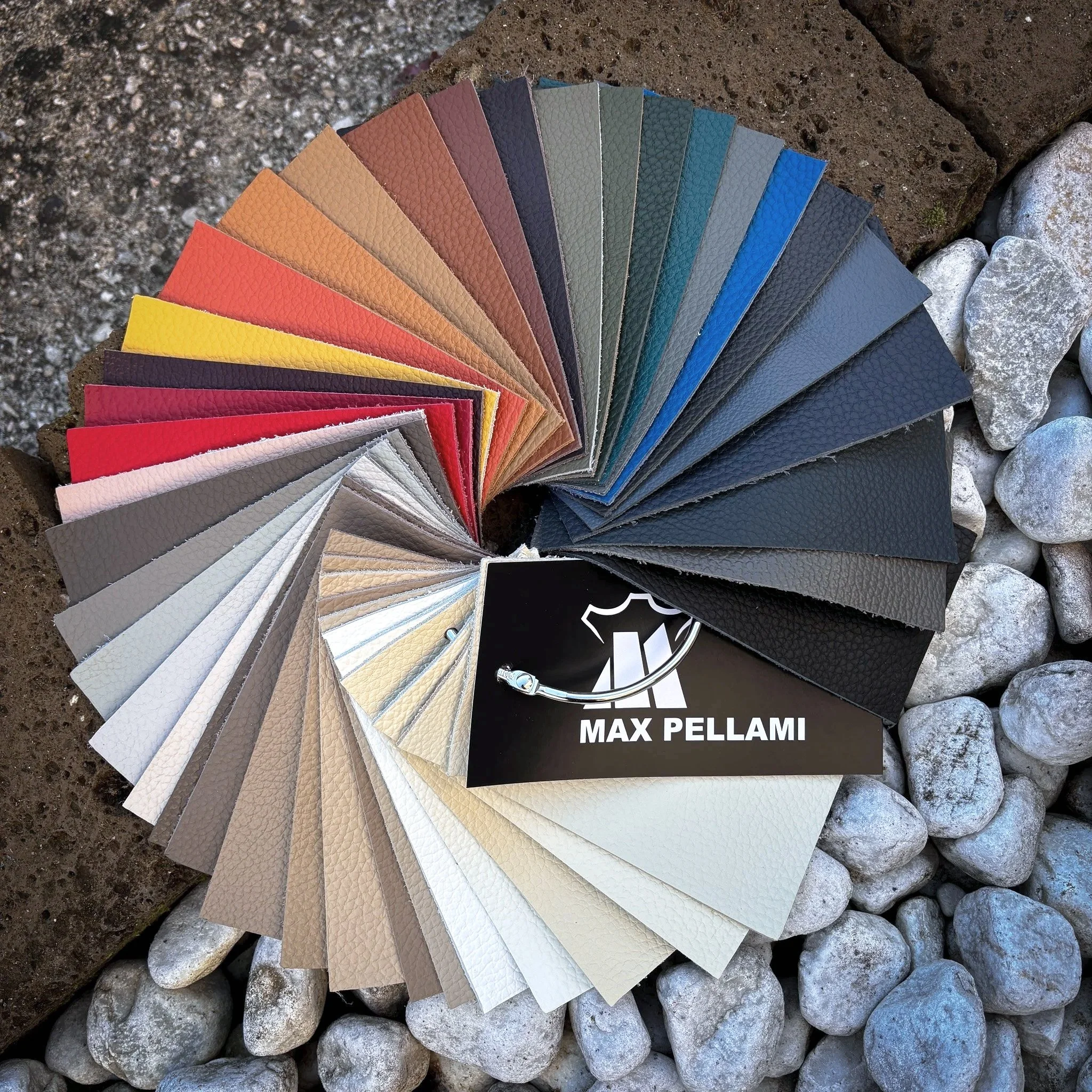 Mostra una cartelle di campioni di pelle di vario colore disposti in circolo su un sasso, con il logo di Max Pellami in basso.