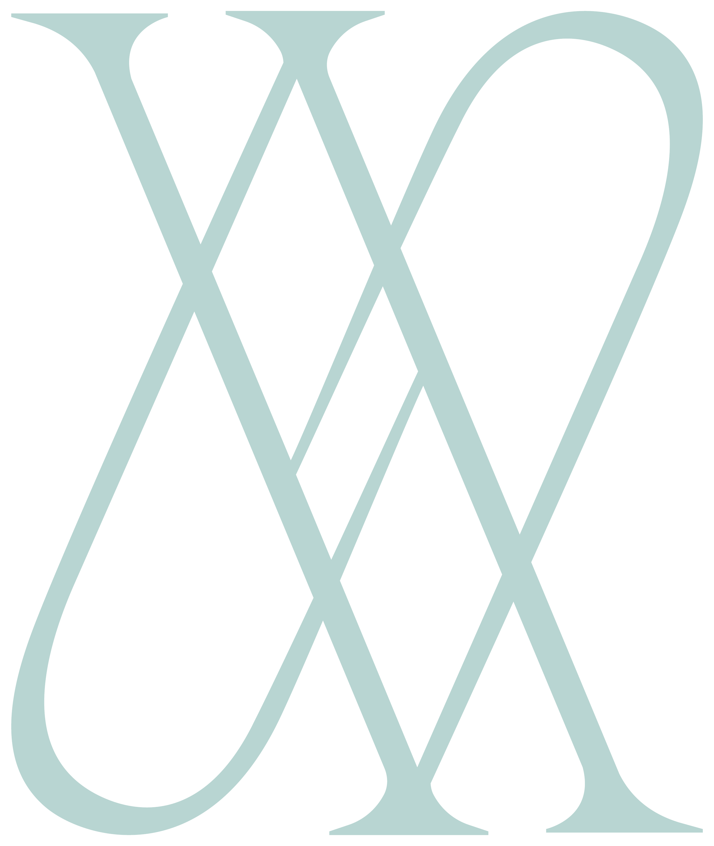 Stylized overlapping ashy blue capital letter W.