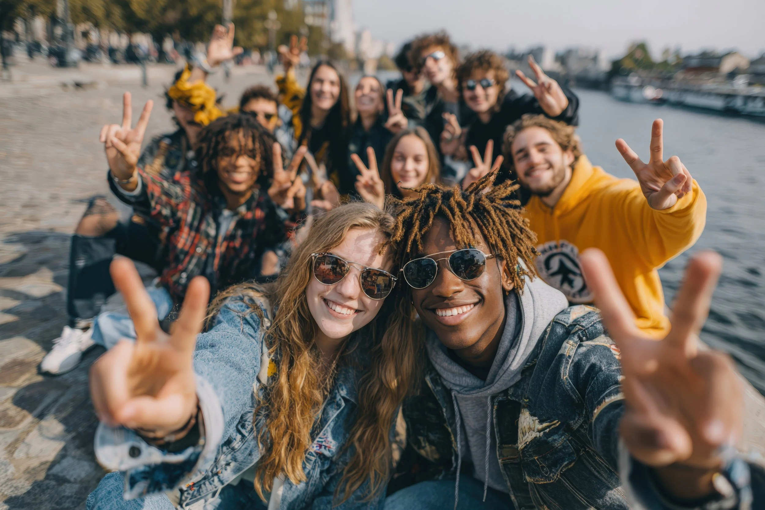 Group of happy young friends taking a selfie by the water, making peace signs, with boats and a walkway in the background.