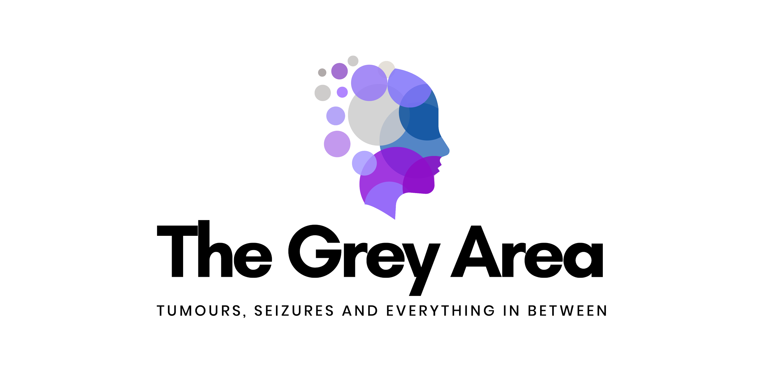 Logo for 'The Grey Area' featuring a stylized face in purple and gray tones made of circles, with the tagline 'Tumours, Seizures and Everything in Between.'