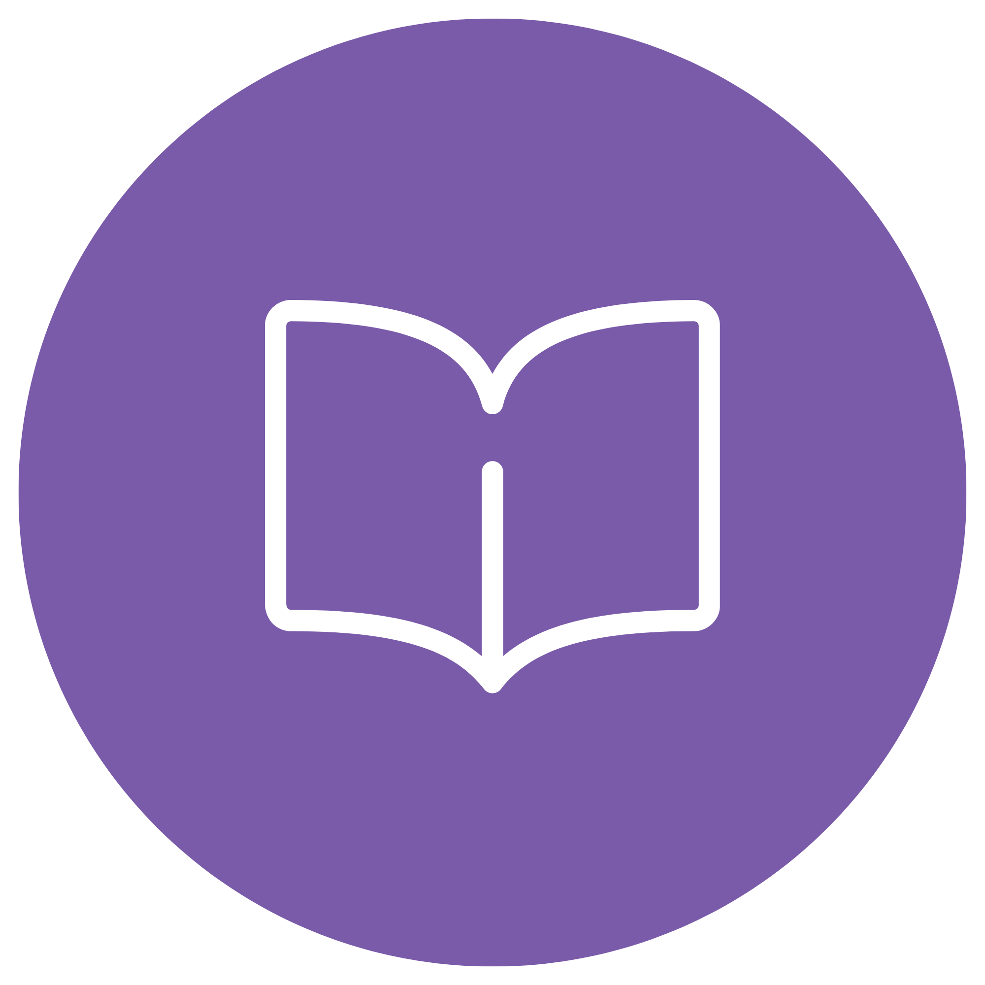 A purple circular icon with a white outline of an open book in the center.