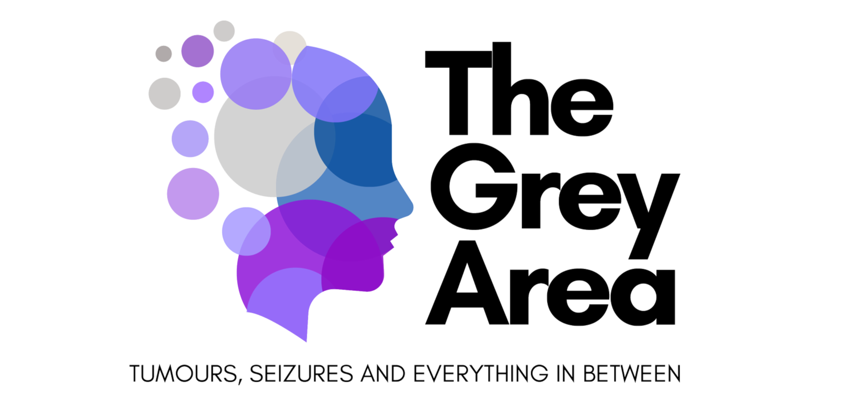 Logo of The Grey Area with abstract human face made of various purple, gray, and blue circles, and the tagline "Tumours, Seizures and Everything in Between" underneath.