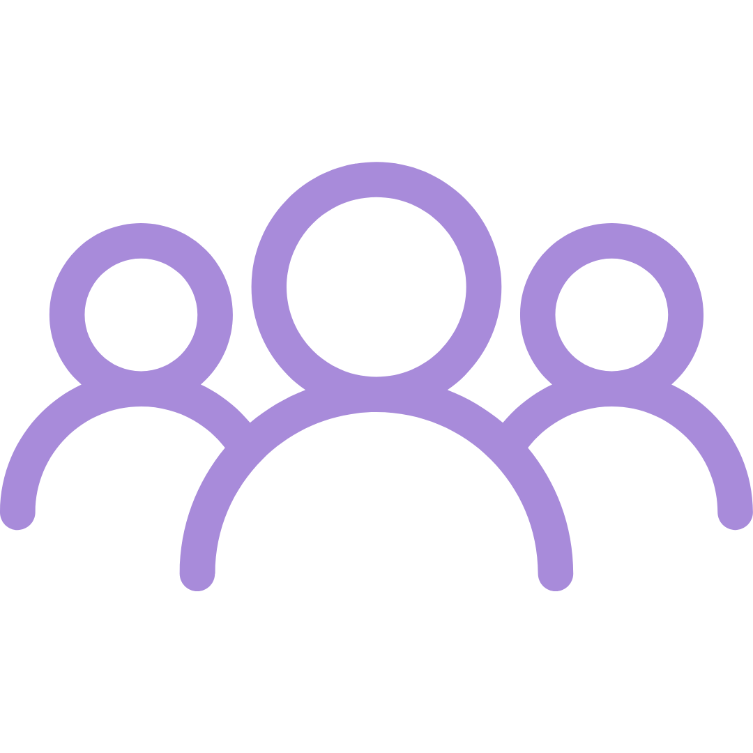 Purple outline icon of three people grouped together.