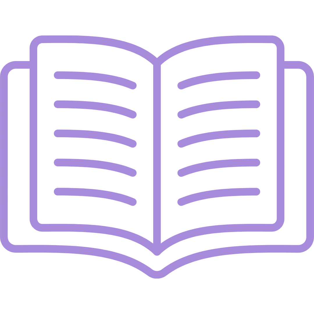 Outline of an open book with lines representing text, drawn in purple.