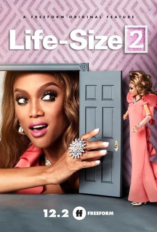 Poster for the film 'Life Size 2' featuring a woman with curly hair holding a door with a doll dressed as a woman in a pink gown standing nearby.