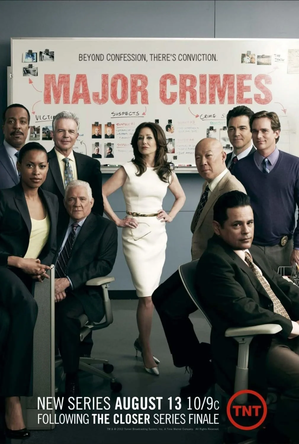 Group of nine diverse people in an office, standing and sitting in front of a whiteboard with 'Major Crimes' written on it, advertising a new TV series premiering on August 13 on TNT.