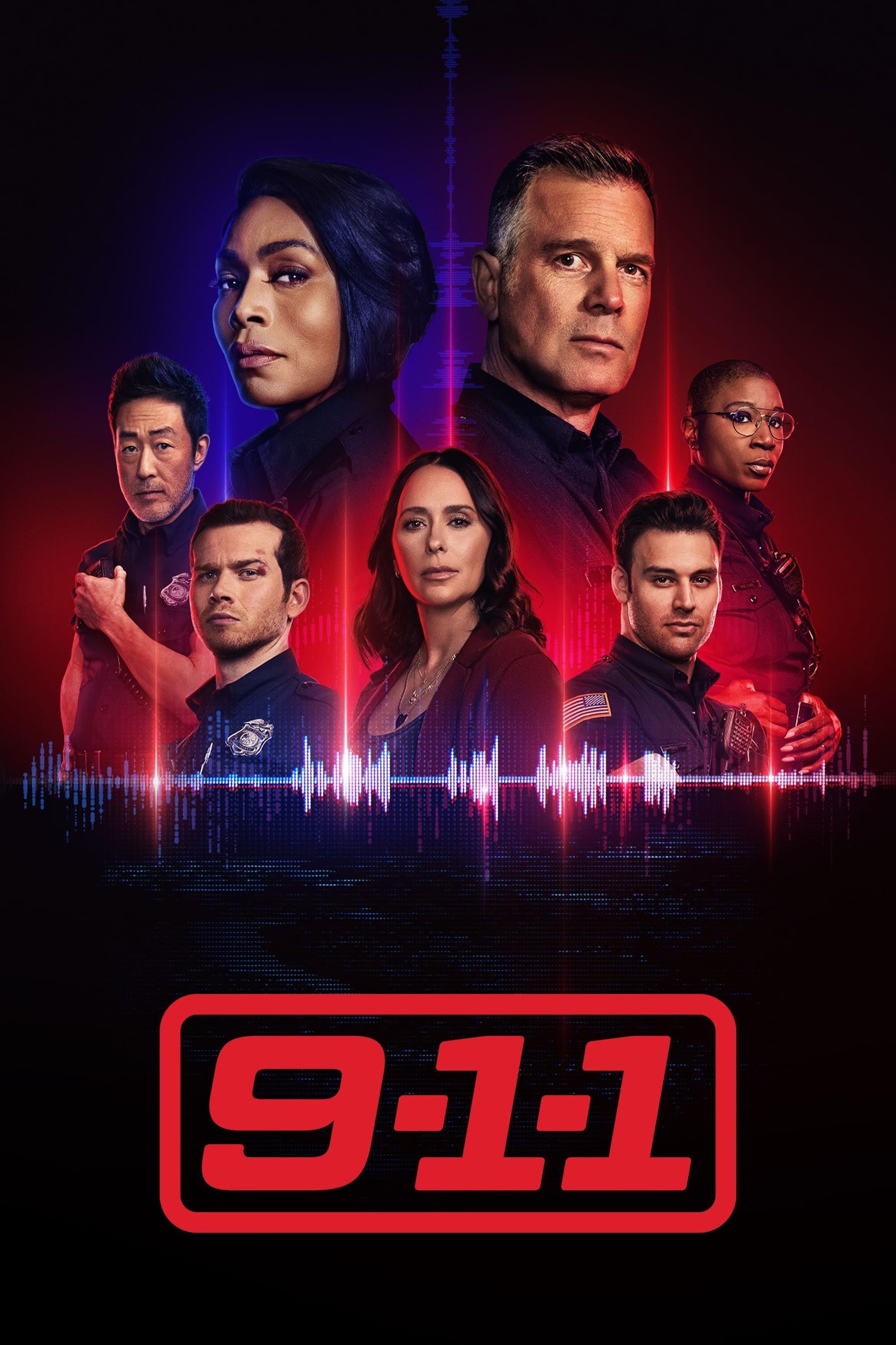 Promotional poster for the TV show '911' featuring seven diverse emergency responders with sound wave graphic and bold red '911' logo at the bottom.