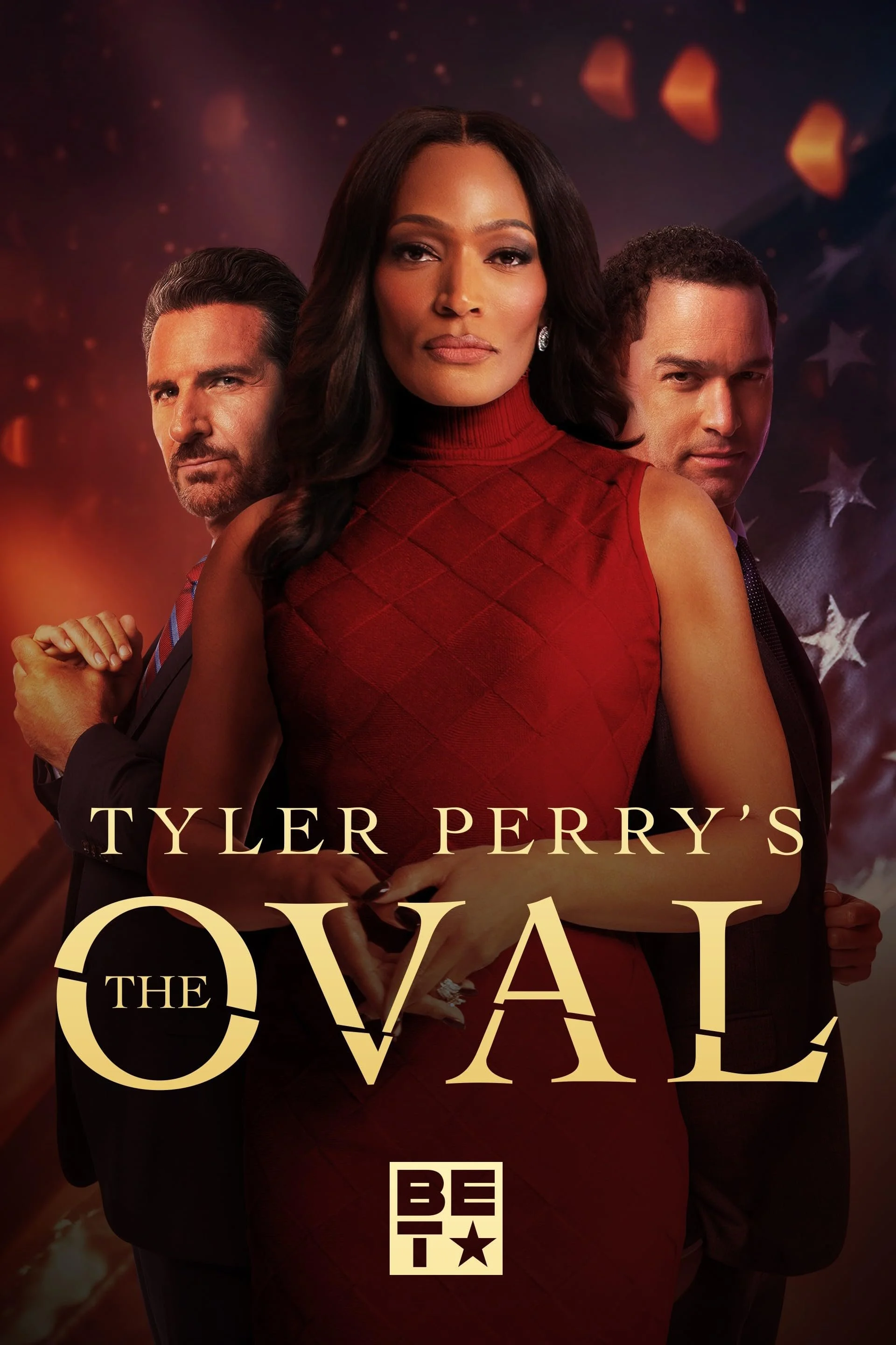 Poster for Tyler Perry's 'The Oval' featuring three main characters. A woman in a red dress standing in the center, flanked by two men in suits, with a dark background and decorative lighting.