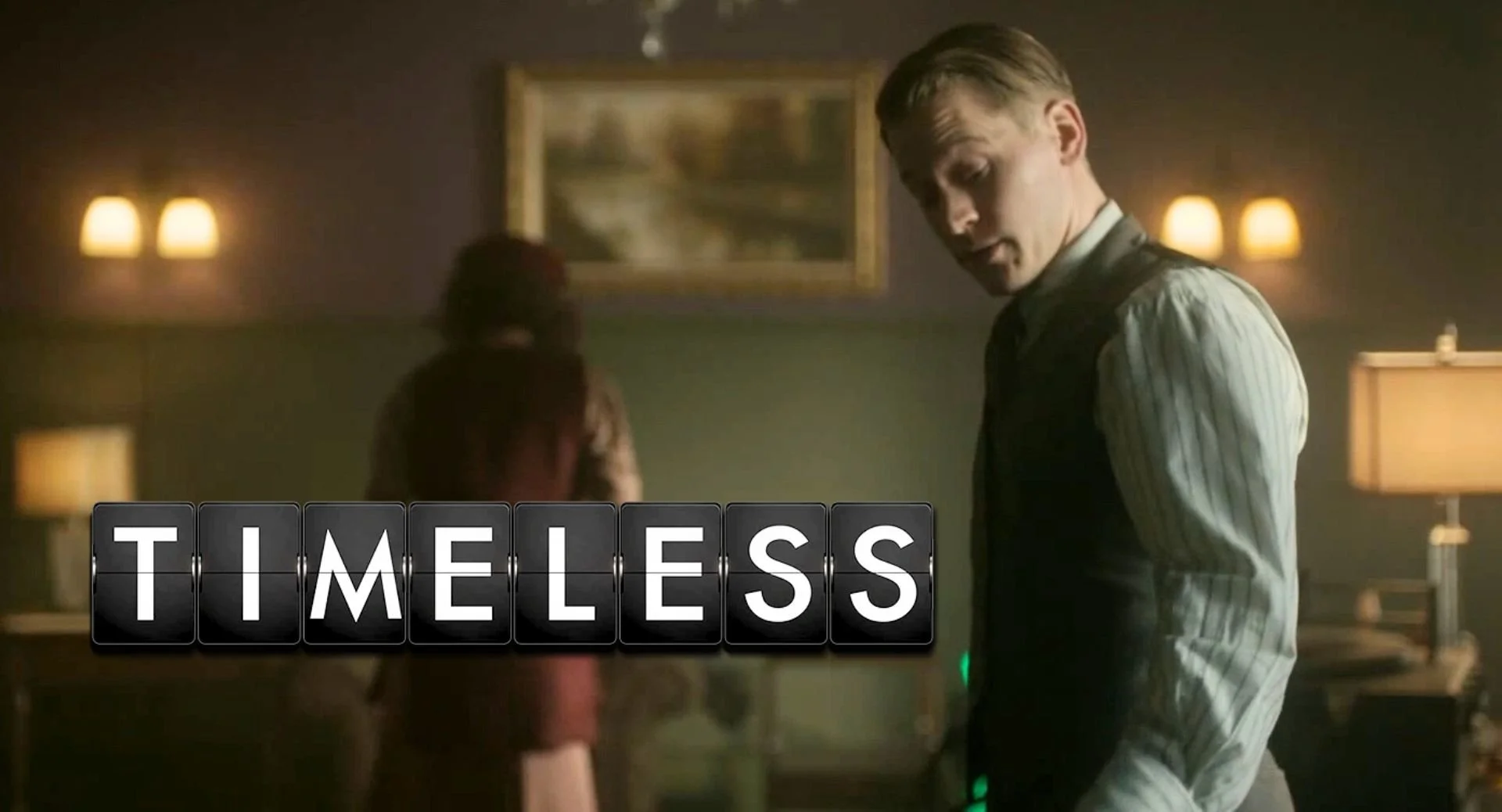 A scene from a movie or TV show with a man dressed in vintage attire in a dimly lit room, and a word overlay that reads 'TIMELESS'.
