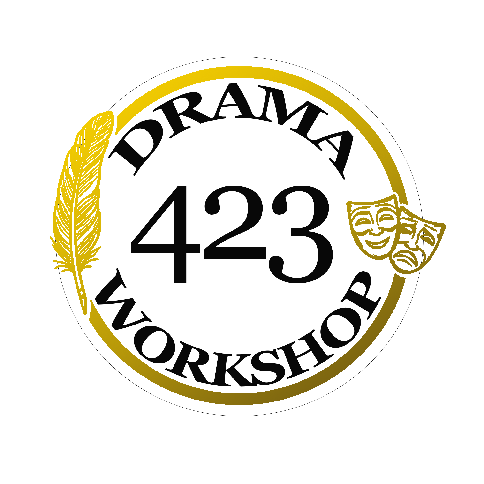 Logo for Drama Workshop with the number 42.3 in the center, featuring theatrical masks and a feather on a black background.