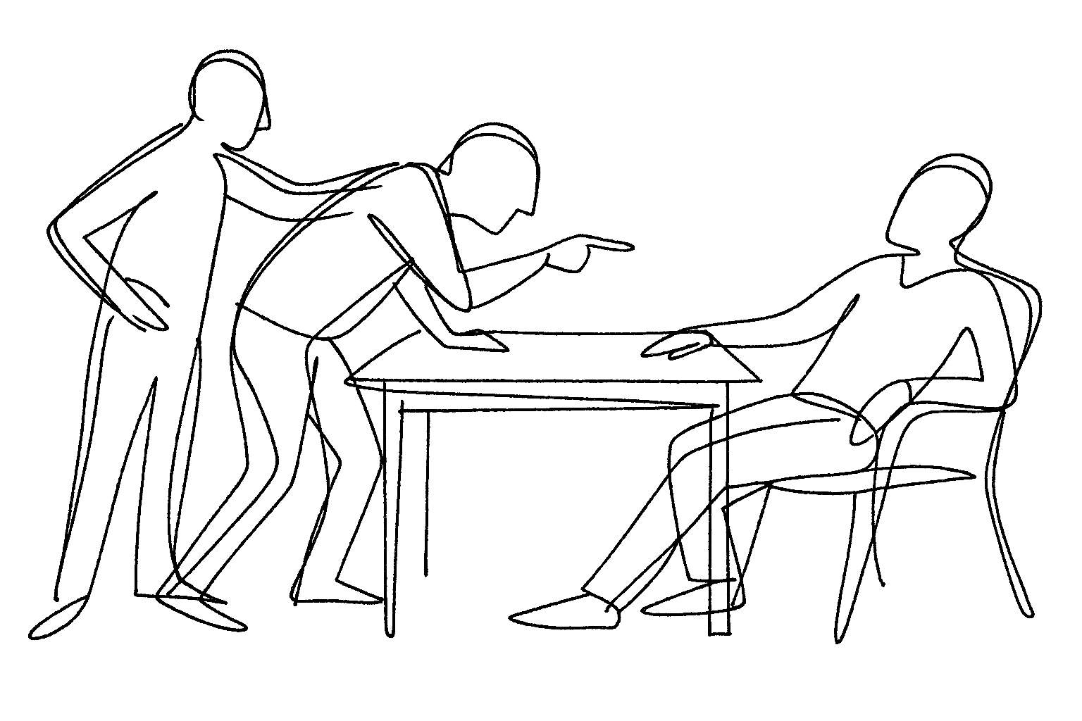 Line drawing of three people in a discussion, with one person sitting at a desk and two others standing nearby.
