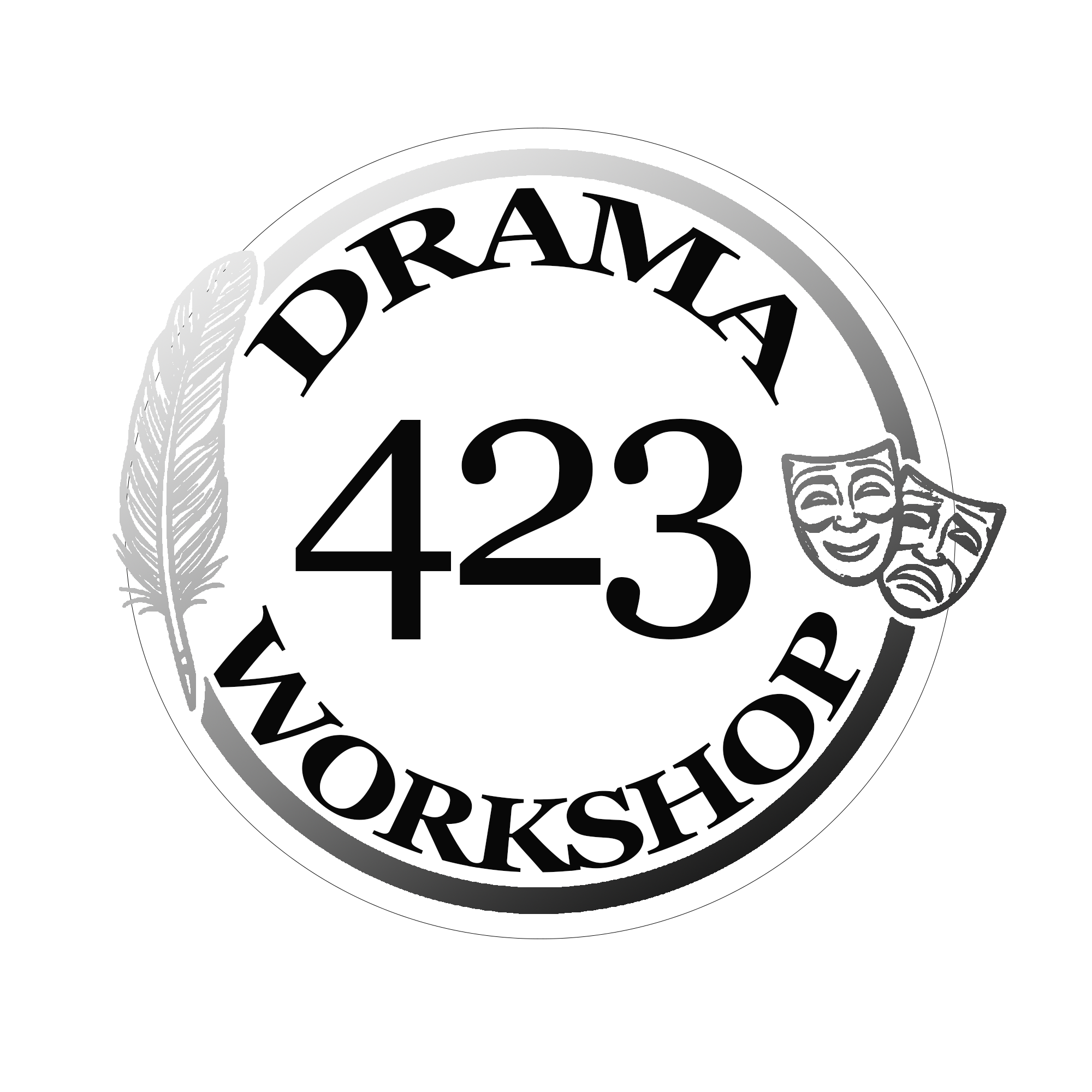 A circular logo for 423 Drama Workshop with the number 423 in the center, decorated with theater masks and a feather on the left side.