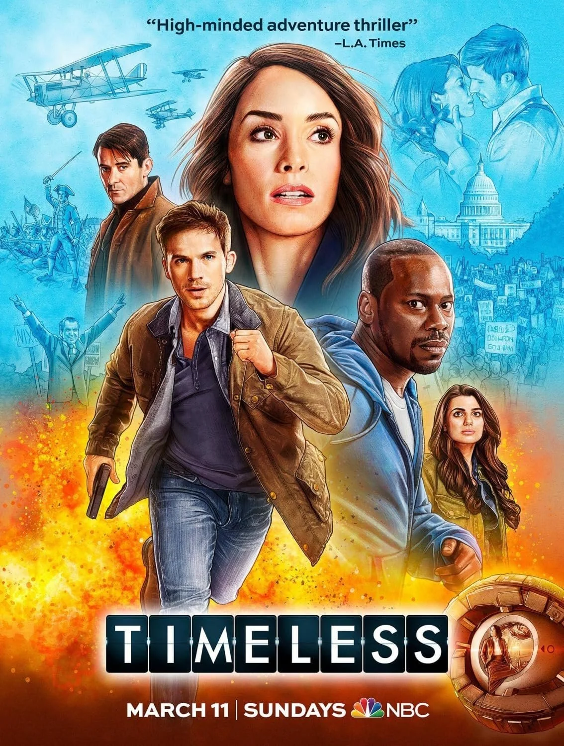 A promotional poster for the TV show "Timeless" featuring a woman with long brown hair at the center, accompanied by a young man holding a gun, a man in a hoodie, and a woman with long dark hair. The poster has scenes of airplanes, historic battles, 