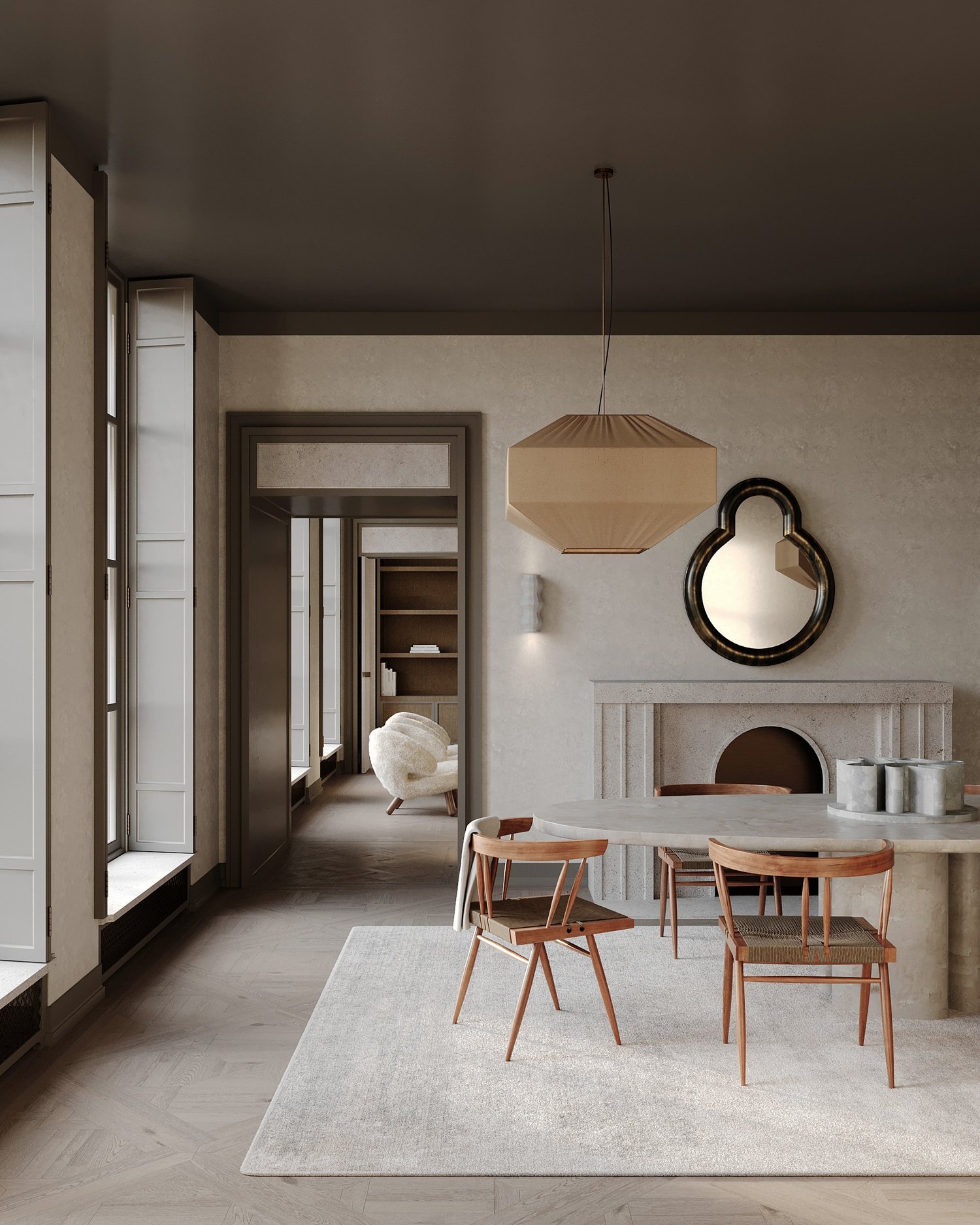 Modern dining room with a round marble table, wooden chairs, and a fireplace, featuring a decorative mirror, pendant light, and large windows.