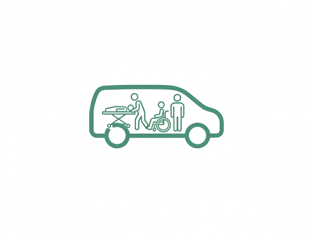 Line drawing of a healthcare vehicle with people, including a person in a wheelchair and a medical professional transporting a patient on a gurney.