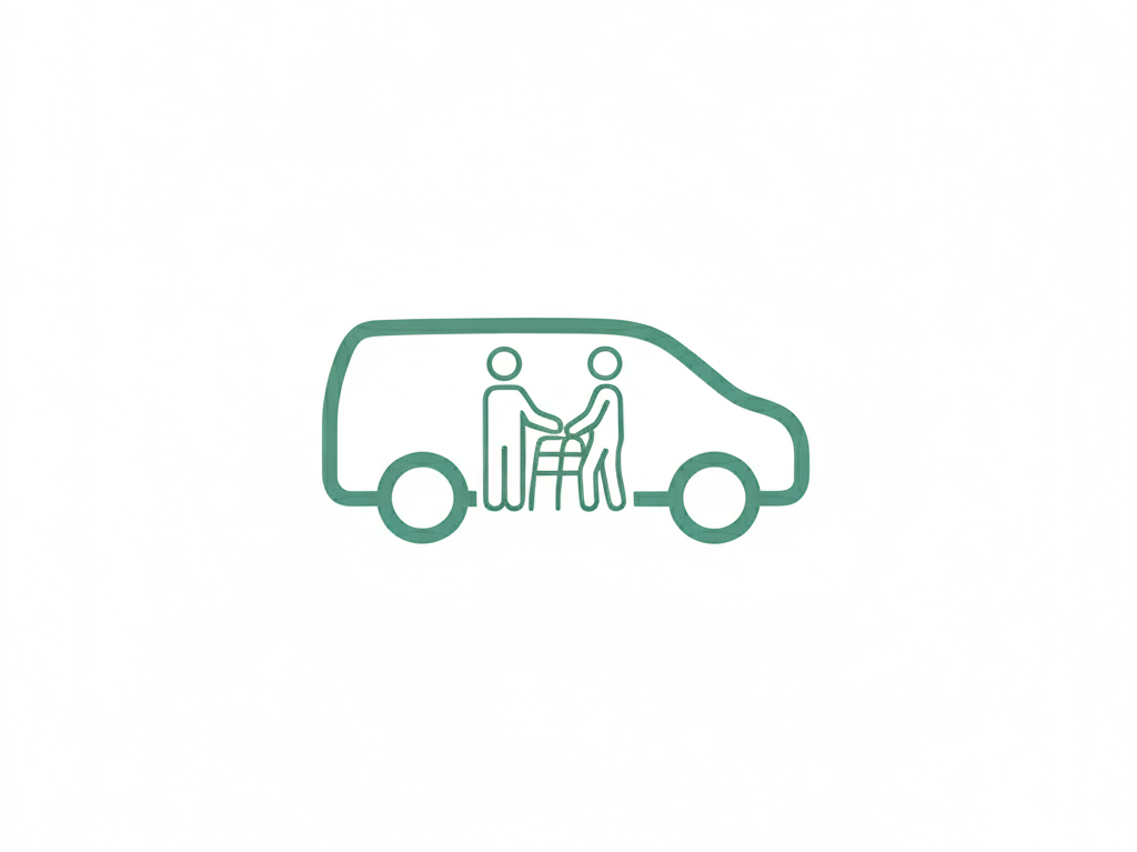 Line drawing of two people shaking hands inside a minivan, with one person using a walker.