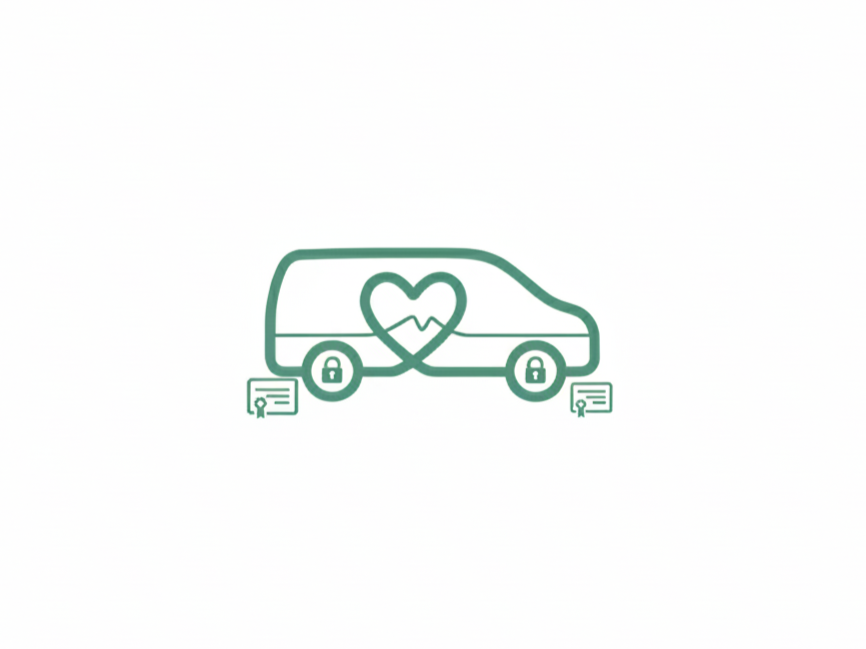 Line drawing of a car with a heart and heartbeat line inside it, lock symbols on the wheels, and digital cards below.