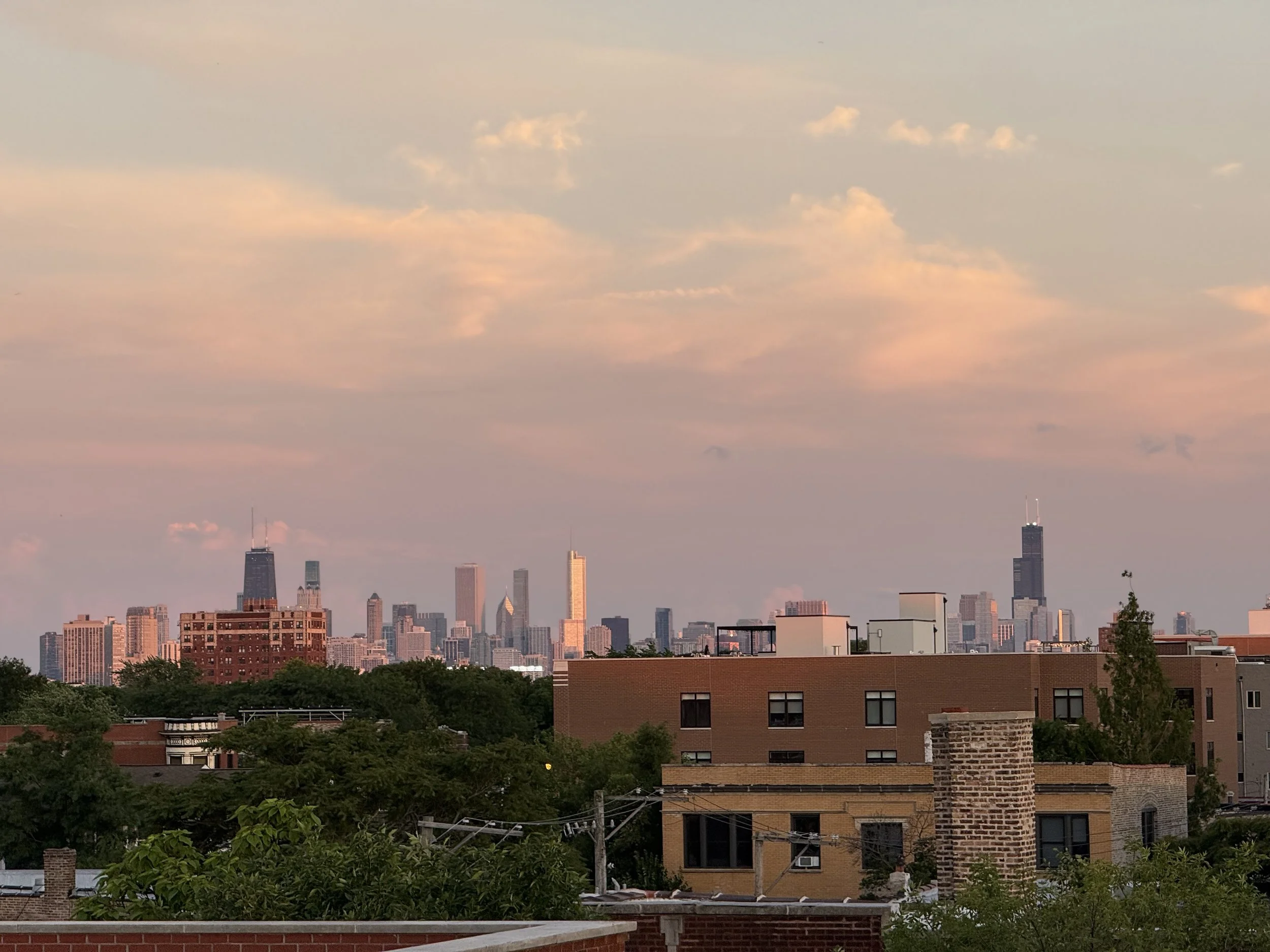 City skyline at sunset with buildings and trees in foreground and pink clouds in sky.