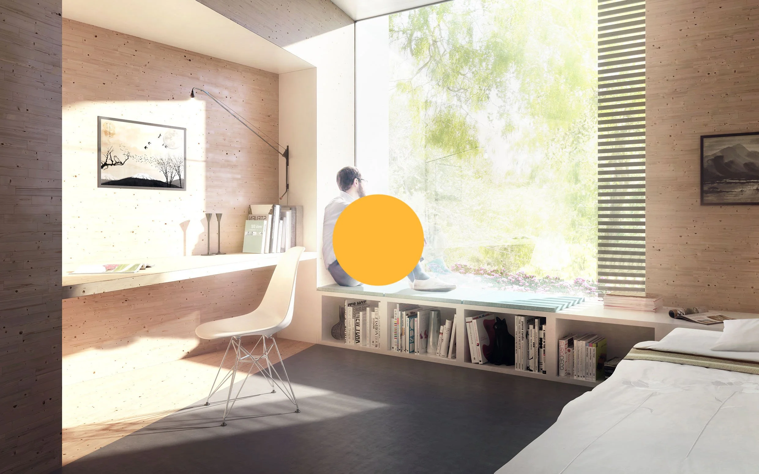 A person sitting on a windowsill in a modern bedroom with natural light, wooden walls, a bookshelf underneath the window, a desk with a chair, and artwork on the walls.
