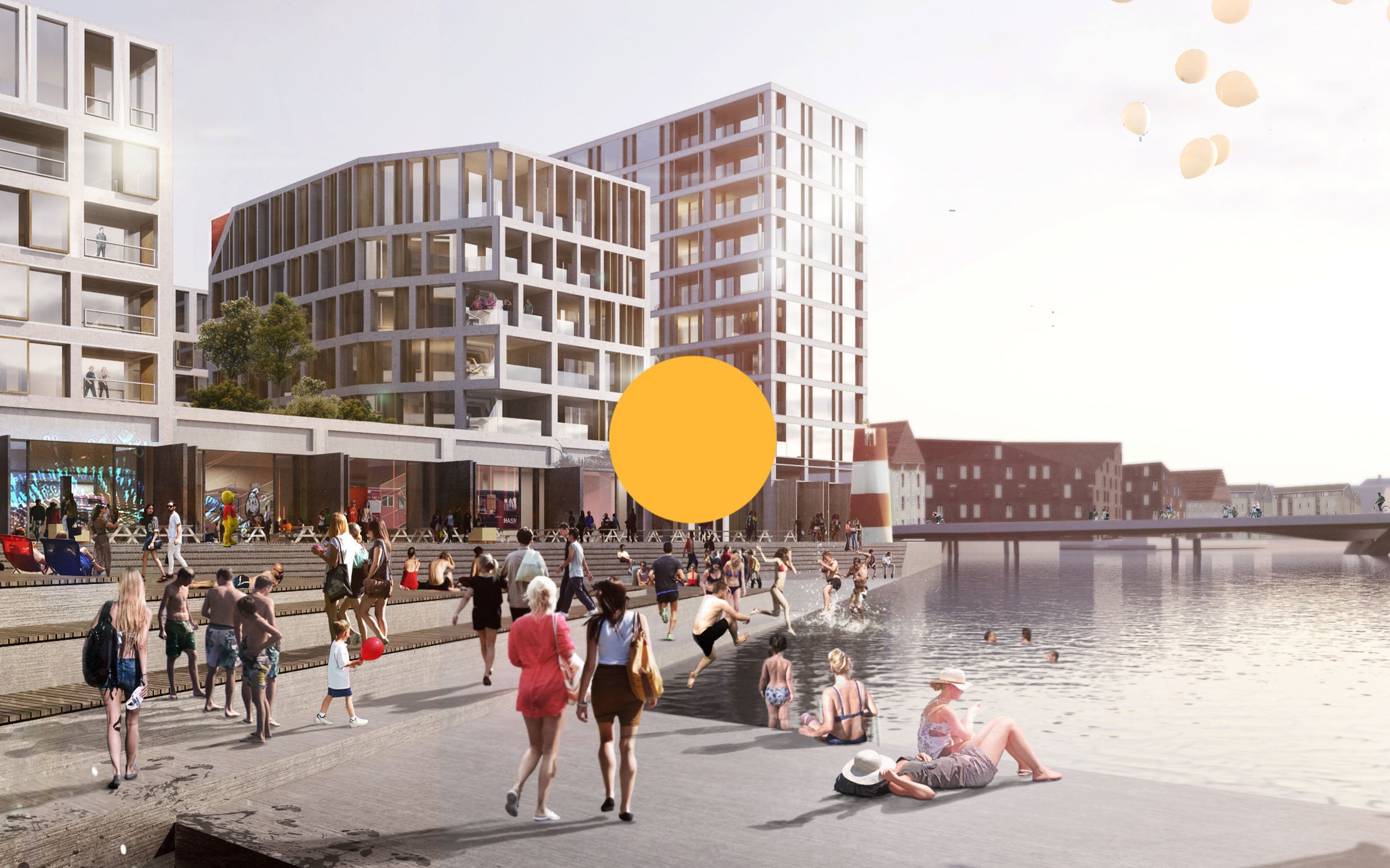People enjoying a waterfront scene with modern residential buildings, some sitting by the water, swimming, and walking on the promenade, with balloons in the sky.
