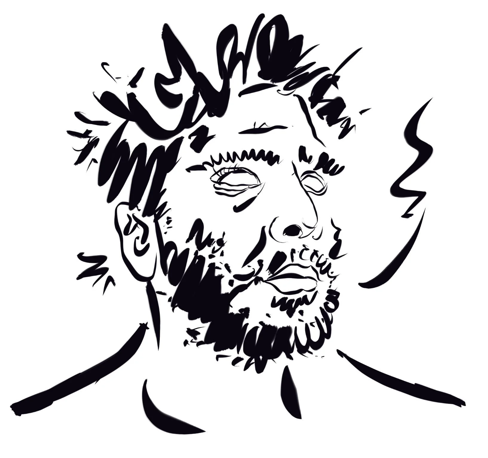 Black and white abstract line drawing of a man's face with a beard, mustache, and messy hair, with his eyes closed and mouth slightly open.