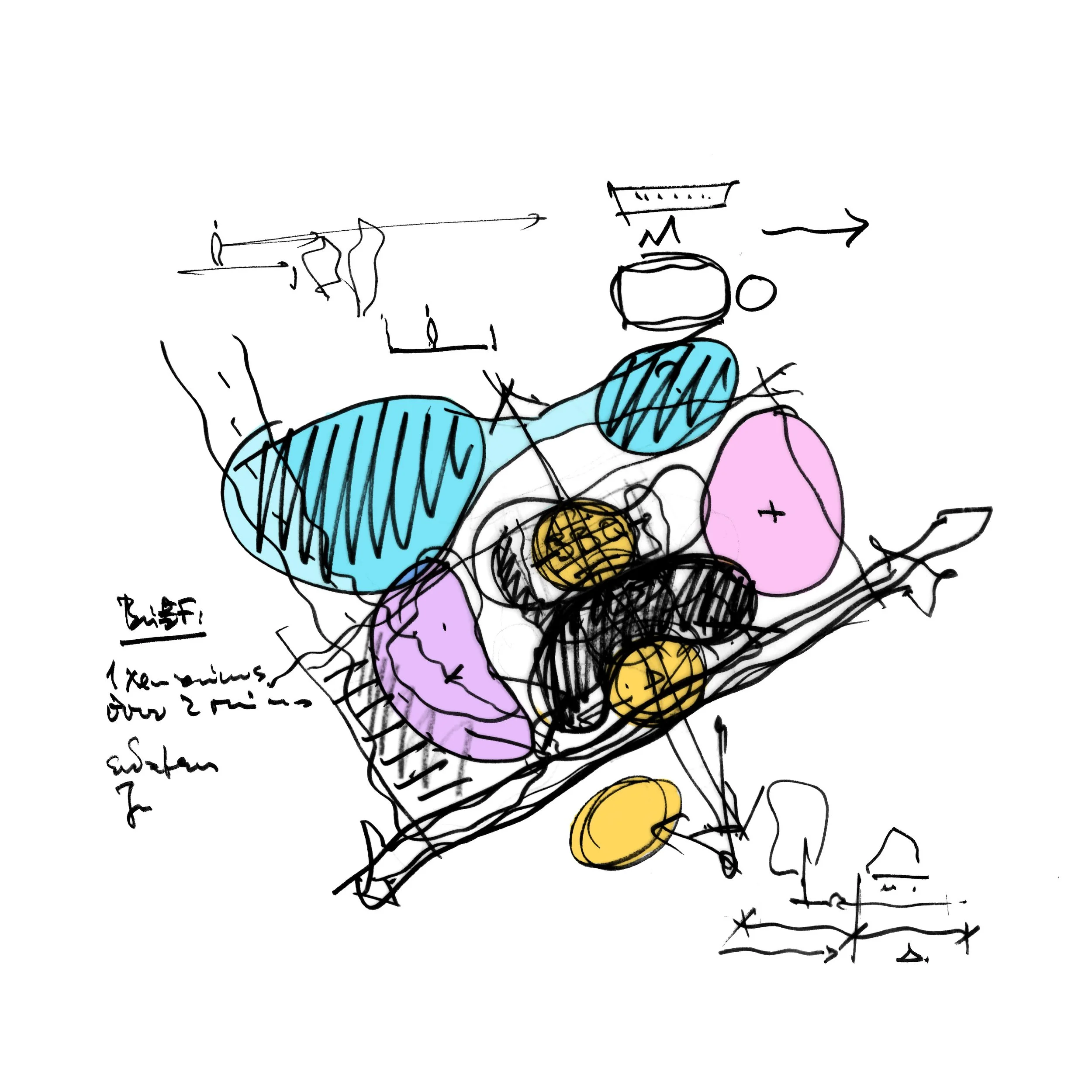 A colorful, abstract sketch of a lounge chair with cushions, including purple and blue pillows, with handwritten notes referencing comfort and dimensions.