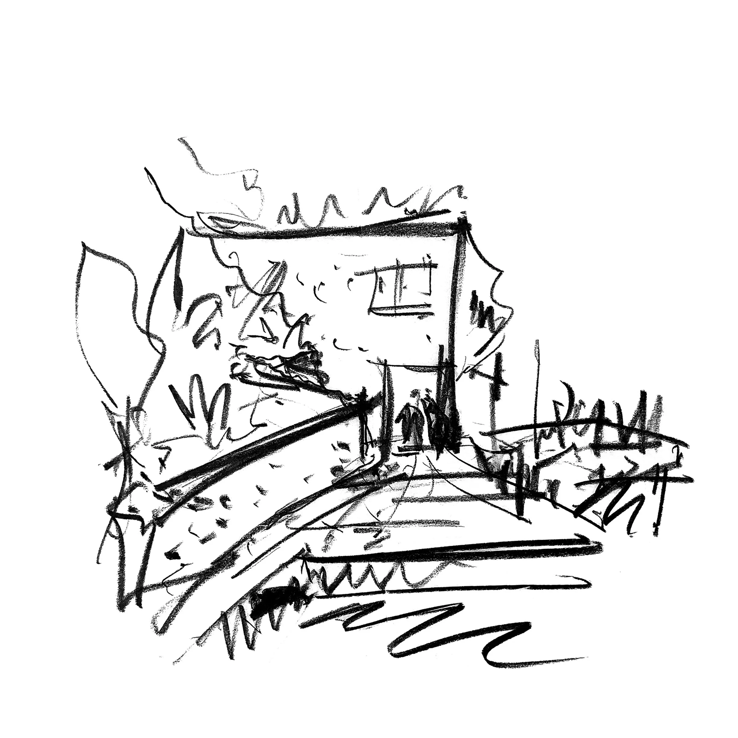 A black and white sketch of a house with a pathway leading up to it, surrounded by trees and foliage.