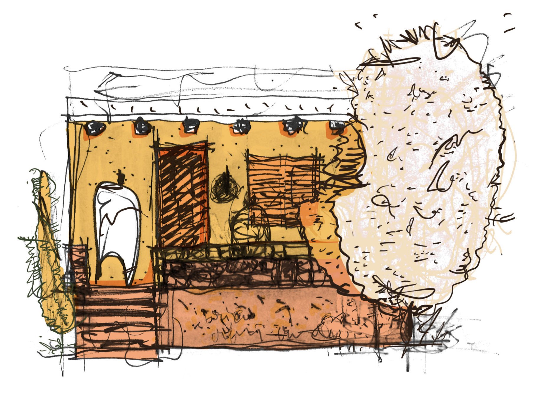 A sketch of a modern house with outdoor seating, large tree, and string lights.