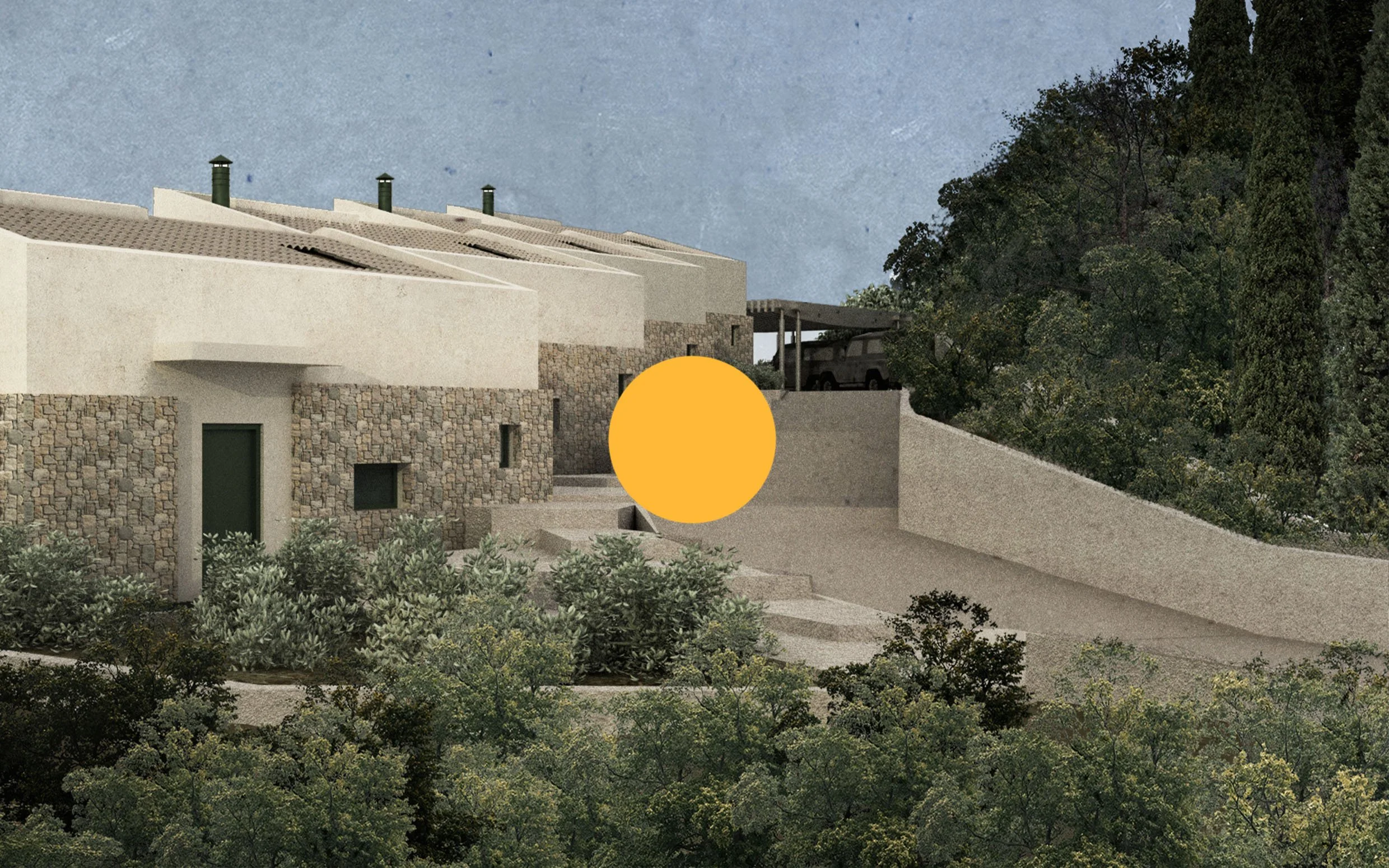 Residential buildings with stone and white exterior walls on a hillside, surrounded by trees, with a driveway and parked cars in a suburban setting.