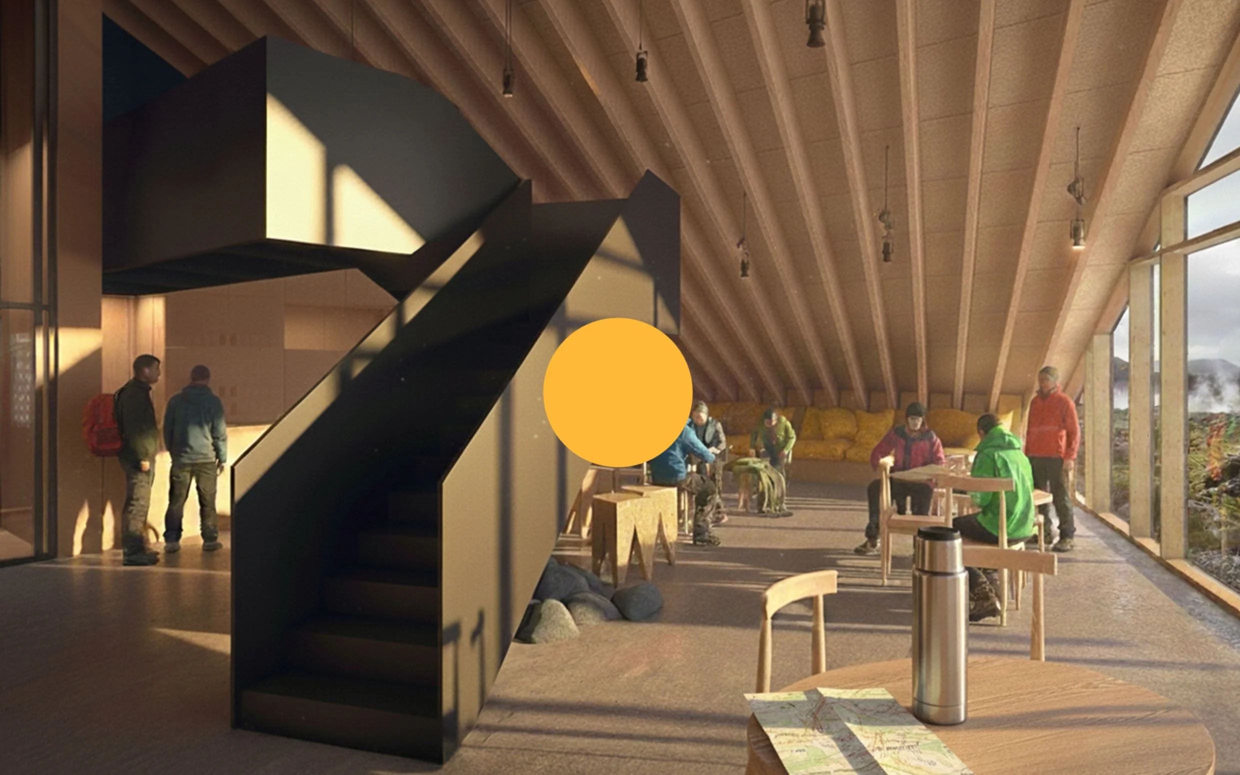 Interior of a modern building with a staircase, group of people sitting and standing, large windows showing mountain scenery, and warm, natural lighting.