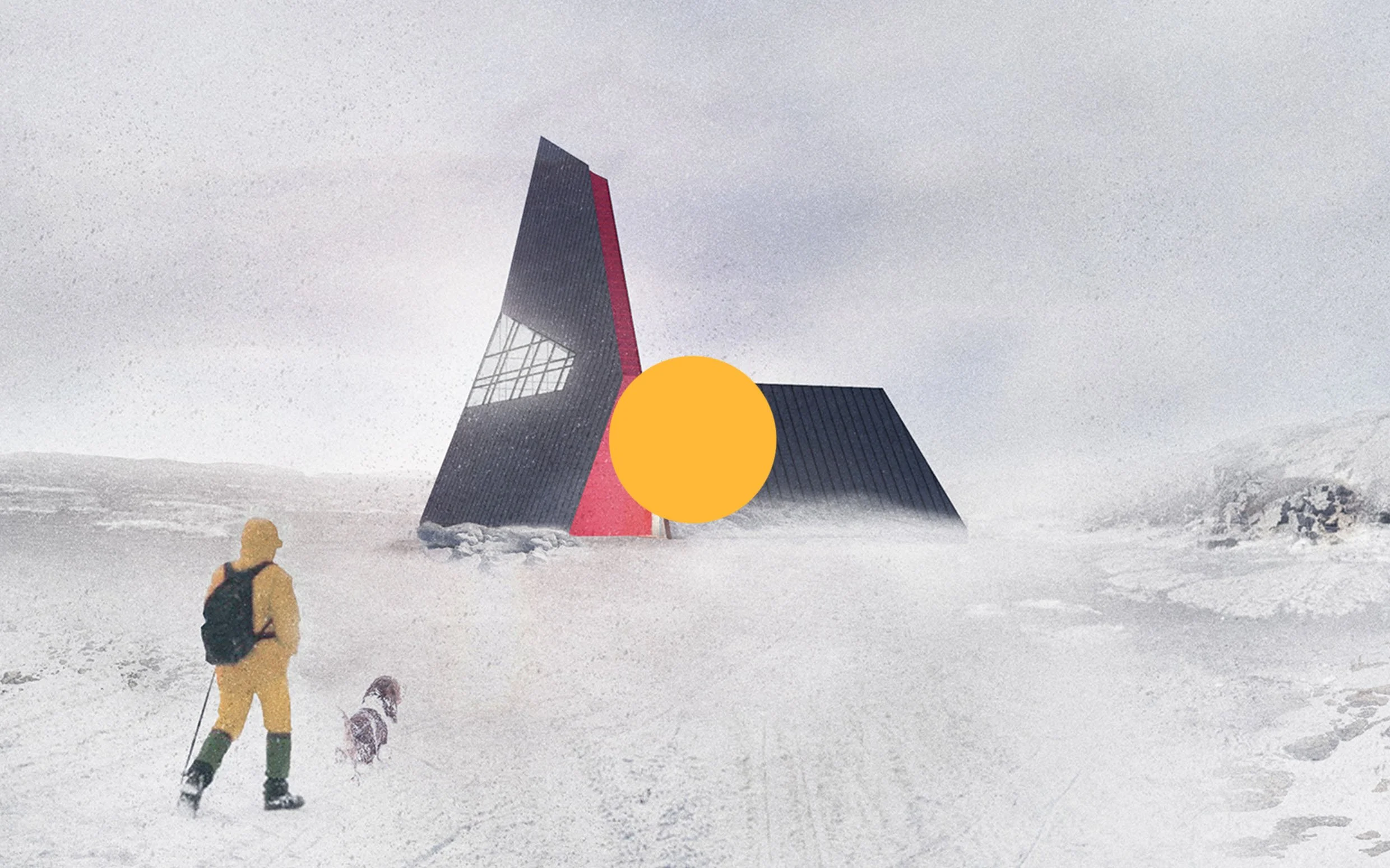 A person in yellow winter gear with a black backpack and walking stick, along with a dog, in a snowy landscape with modern black and red angular structures in the distance under gray skies.