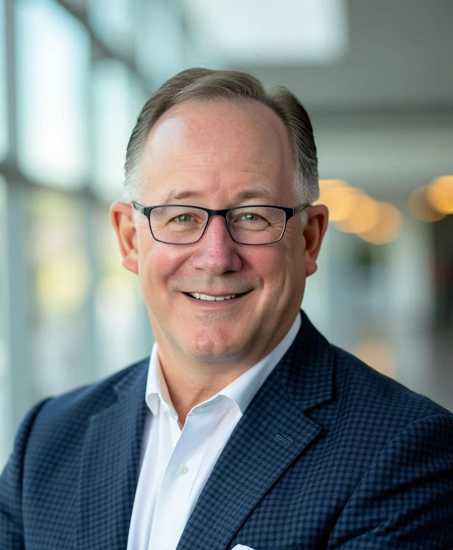 A middle-aged man with glasses, wearing a navy checkered blazer and white shirt, smiling confidently in what appears to be a modern office or corporate setting with blurred background lighting.