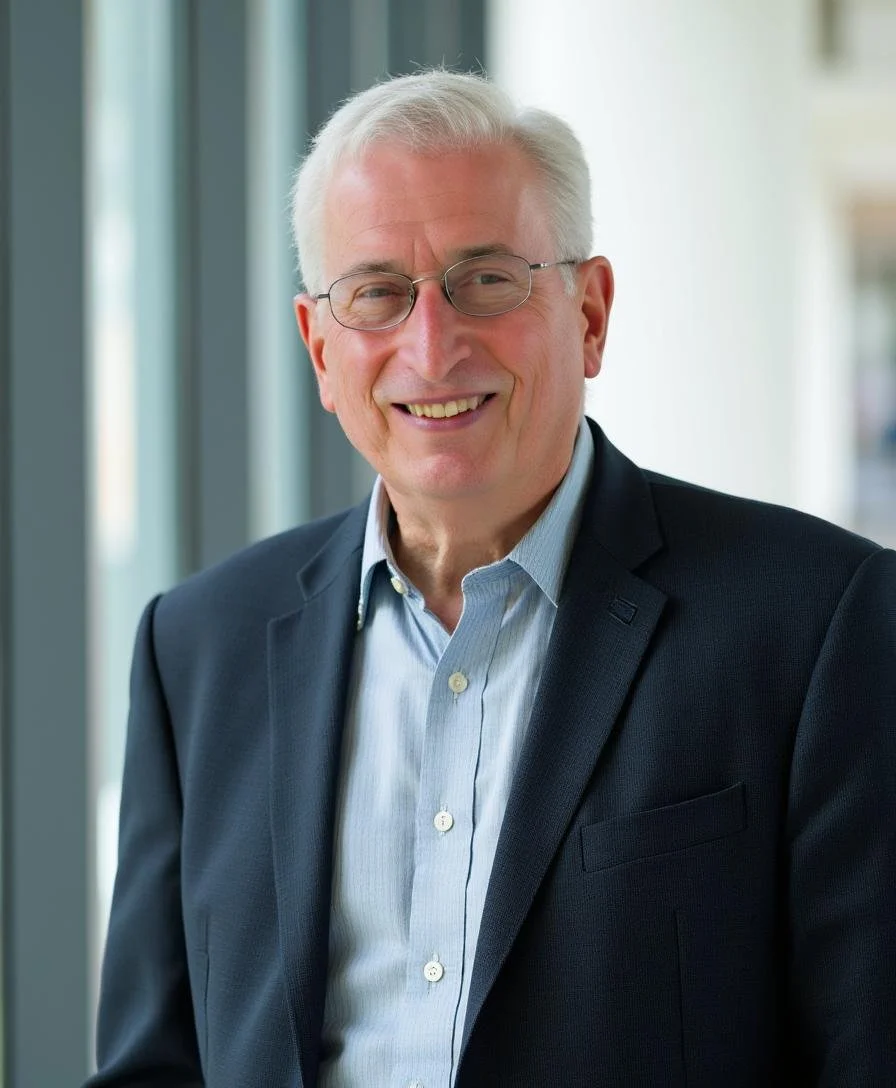 Portrait of a senior man with white hair, glasses, smiling, wearing a dark suit jacket and a light blue collared shirt, standing indoors near windows.