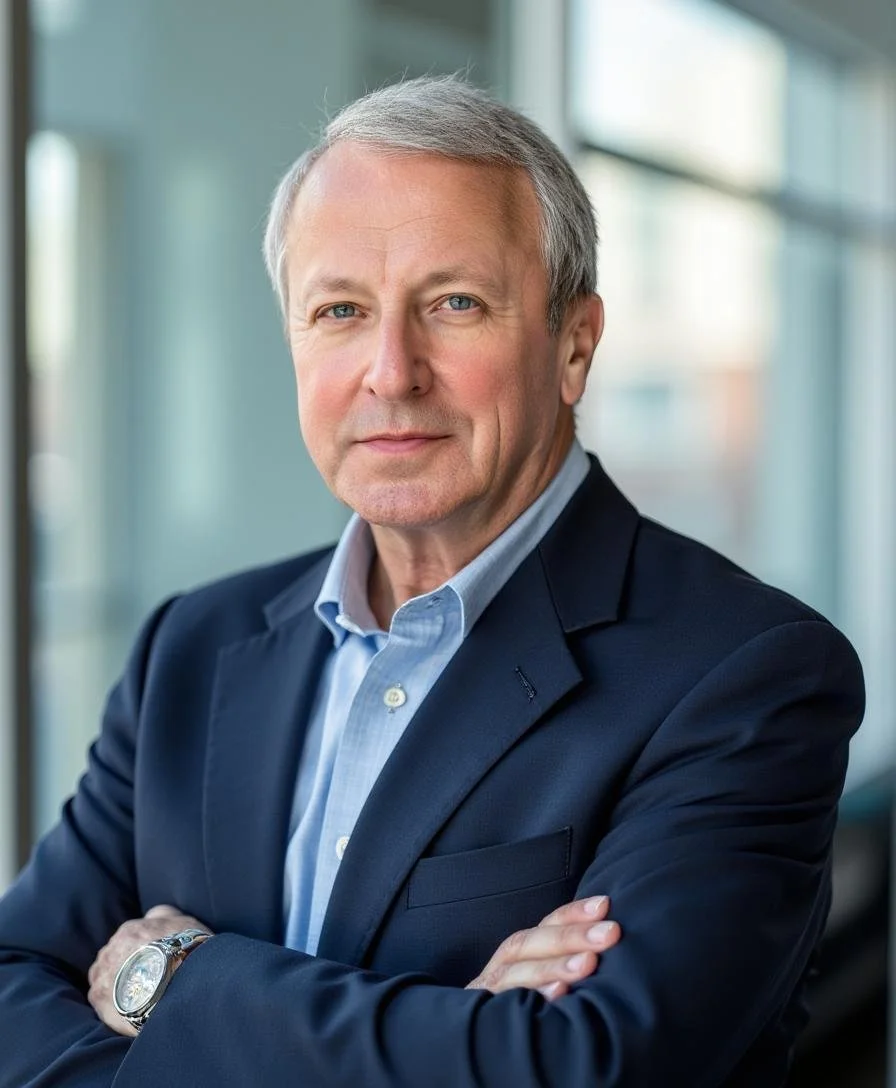 A middle-aged man with short gray hair and blue eyes, wearing a navy blue suit jacket and a light blue collared shirt, standing with arms crossed in a modern office or building with glass windows.