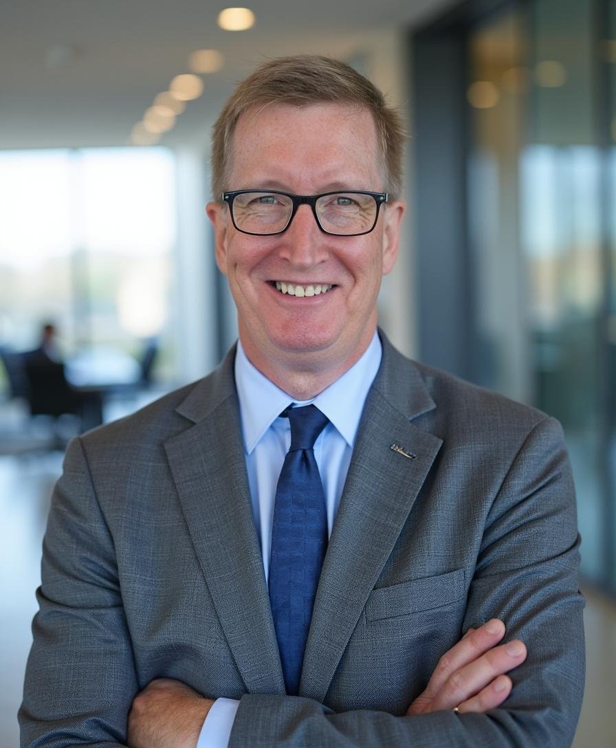 A smiling man in a gray suit, light blue shirt, and blue tie standing with arms crossed in an office or conference room with glass walls and people working in the background.