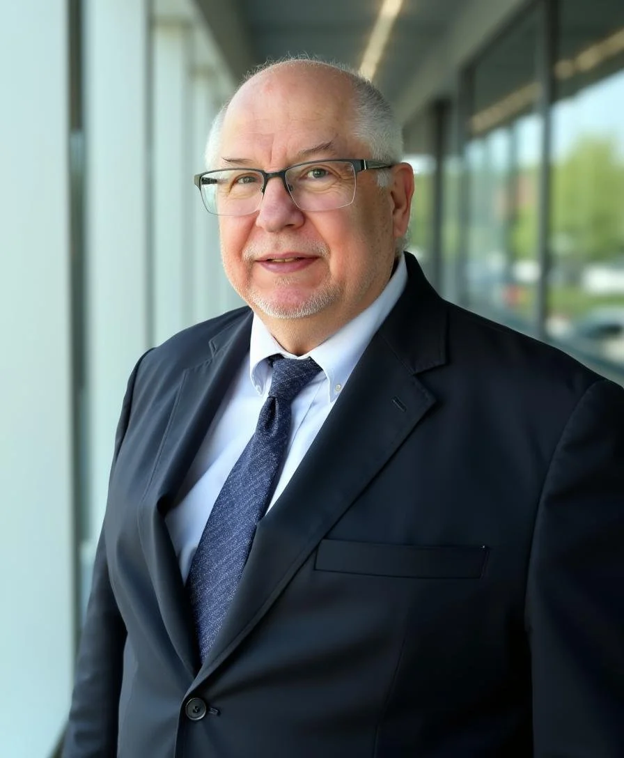 A middle-aged man with glasses, a beard, and a bald head, dressed in a black suit, white shirt, and dark tie, standing in front of a glass window in a modern building.