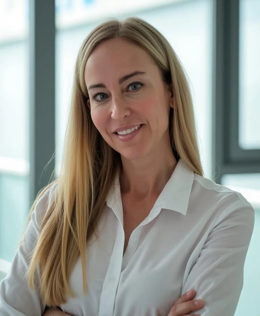 A woman with long blonde hair, wearing a white shirt, smiling and looking at the camera inside a modern office building.