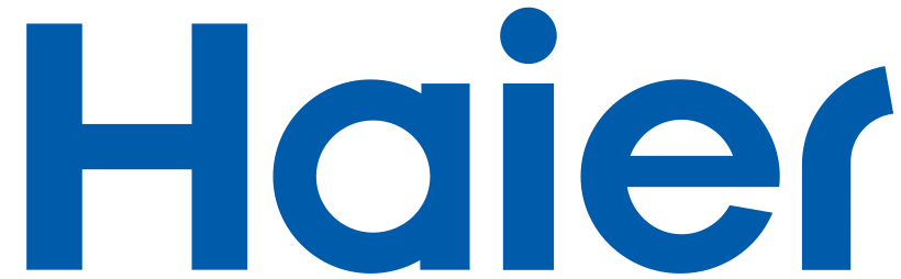 Haier logo in blue on a black background.