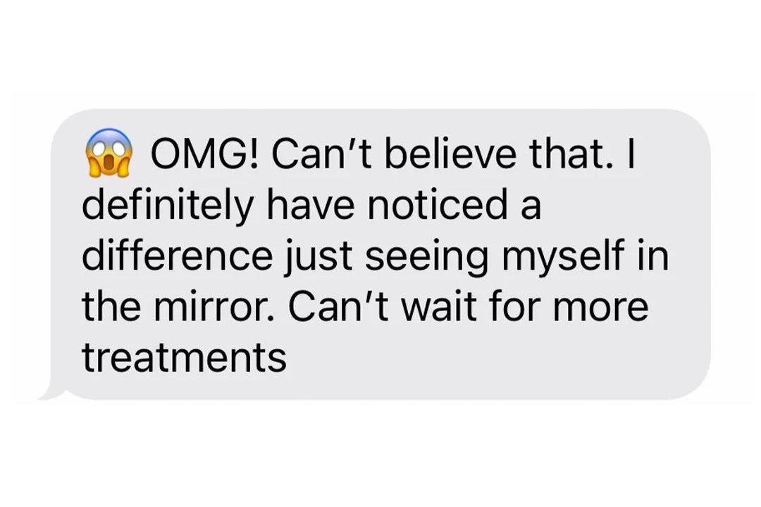 Text review from client noticing a difference in the mirror and excited to schedule more fat loss and skin tightening treatments with Jes Got Me Right