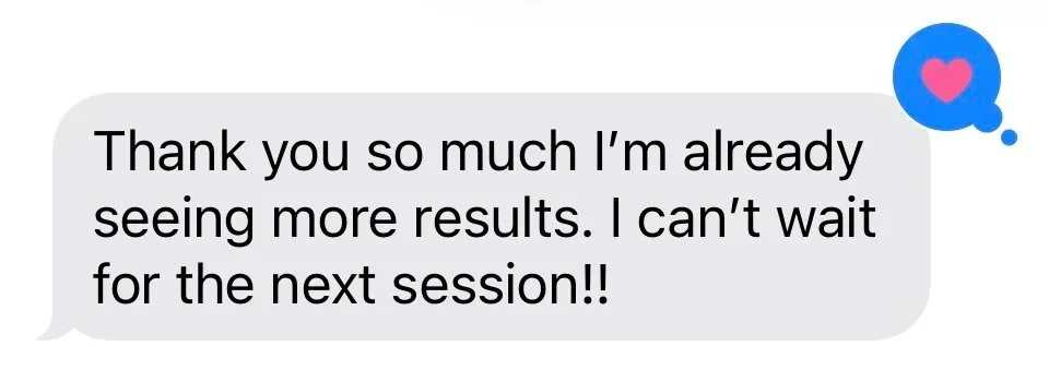 Text screenshot of client excited for their next session and seeing great skin tightening results with Jes Got Me Right