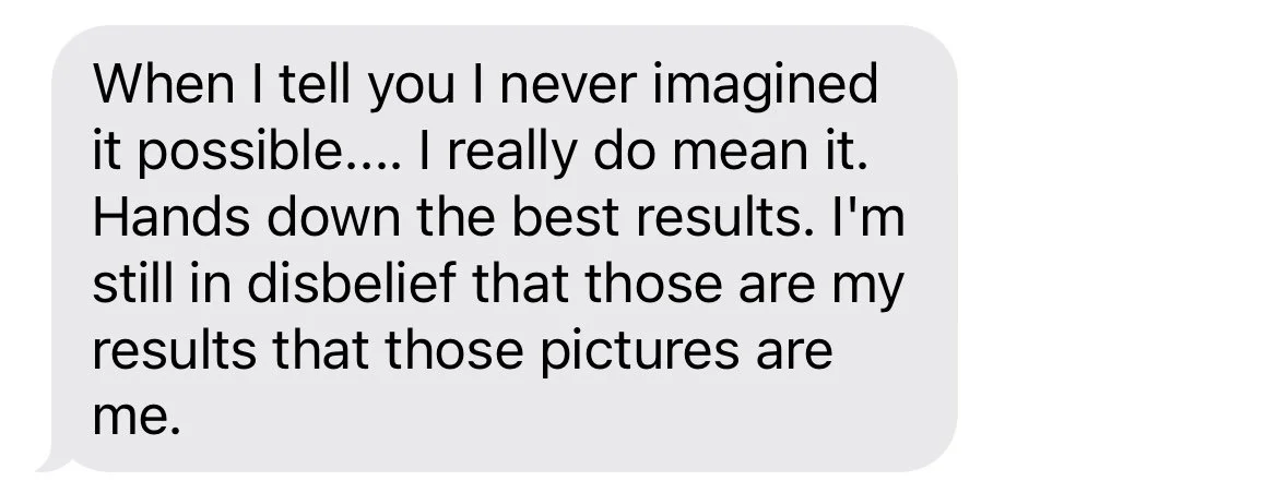 Screenshot of text review from client stating she has the best results from her Jet Plasma treatments with Jes Got Me Right