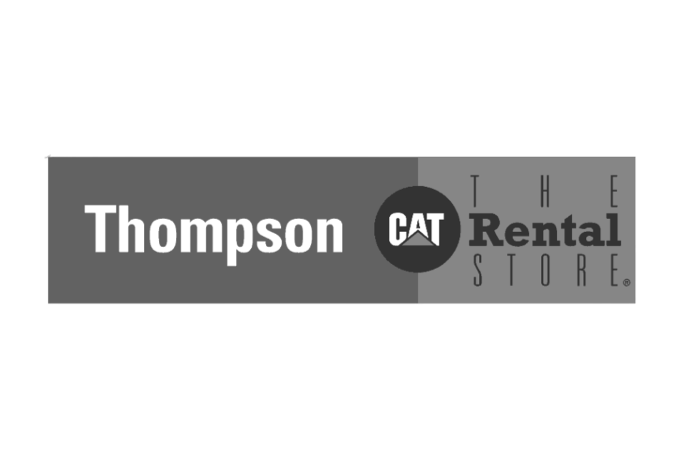 Logo for Thompson Cat Rental with black and gray text and a circular icon featuring a silhouette.