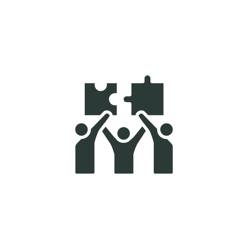 Illustration of three people holding puzzle pieces together, symbolizing teamwork or collaboration.