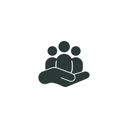 Icon of a hand holding three stylized people figures, representing support or community.